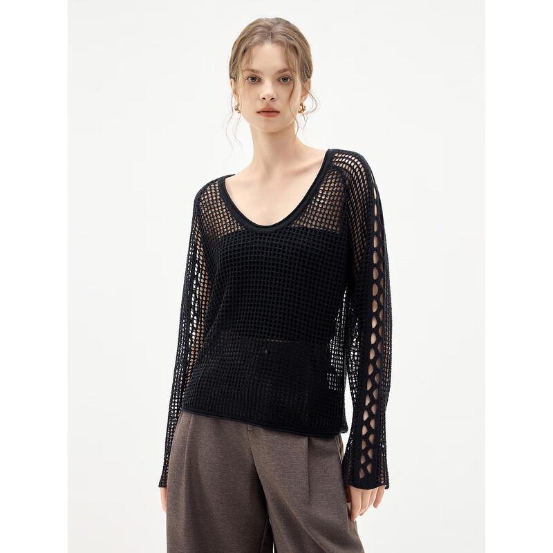 ELLE Women's Hollow-out Crew Neck Knit Top