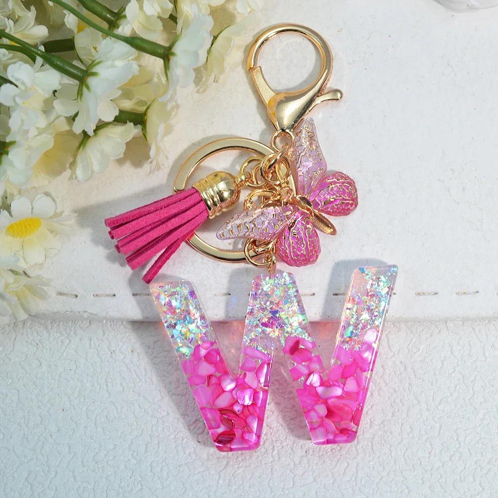Gradient Pink Jewelry Letter Keyring Resin Letter Keychain with Fringe Butterfly DIY Bag Decoration Pendant Party Gift