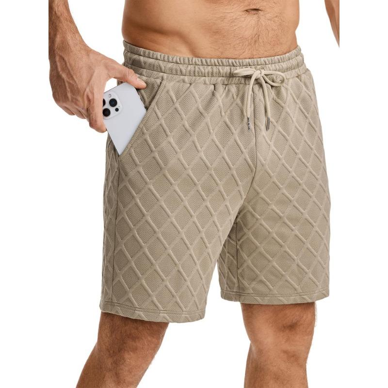 Mens Casual Elastic Waist Drawstring Argyle Texture Shorts