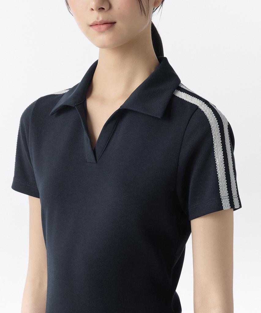 MUSINSA STANDARD WOMAN Slit Neck Lace Trim Polo Dress [Navy/Ivory]
