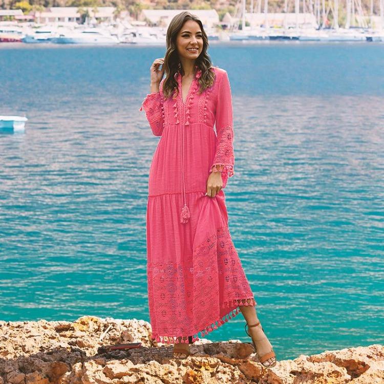 Bohemian Women Long Dress Casual V Neck Solid Color Lace Tassel Large Size Lady Dress