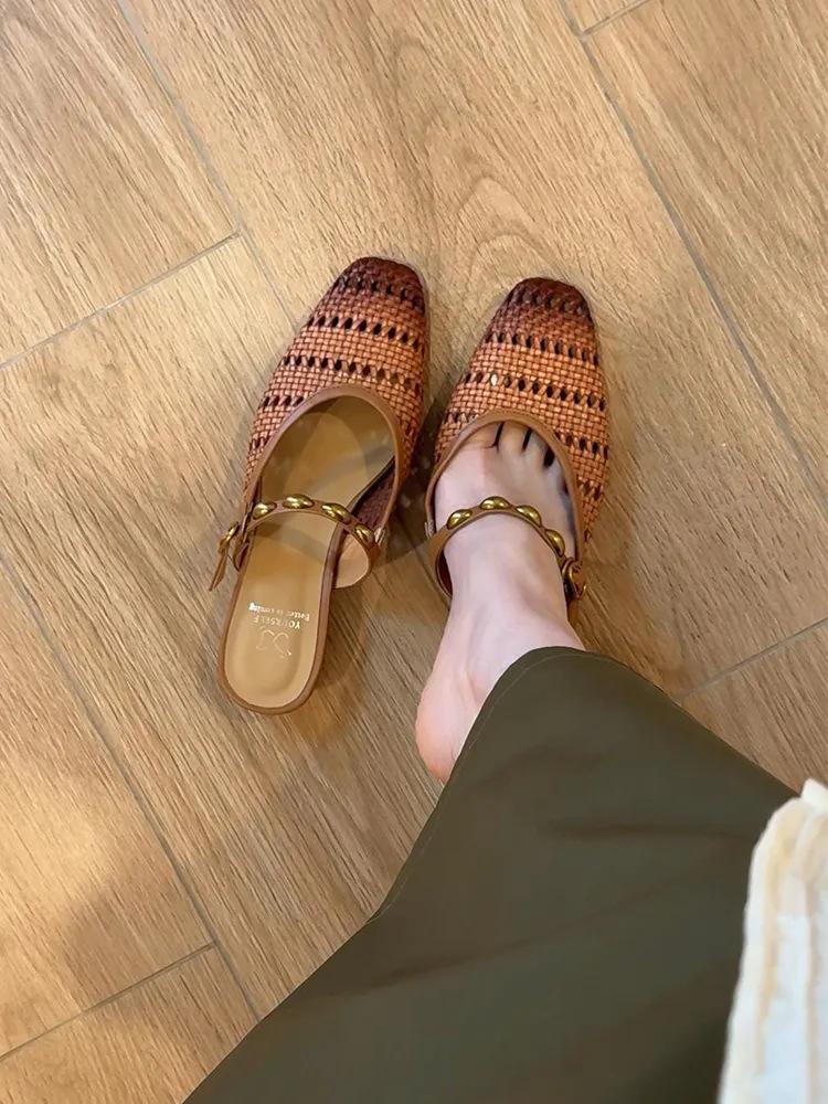 Sheepskin version~ Lazy design feeling hollow and breathable Roman style bag head half slippers women's summer wear French sandals