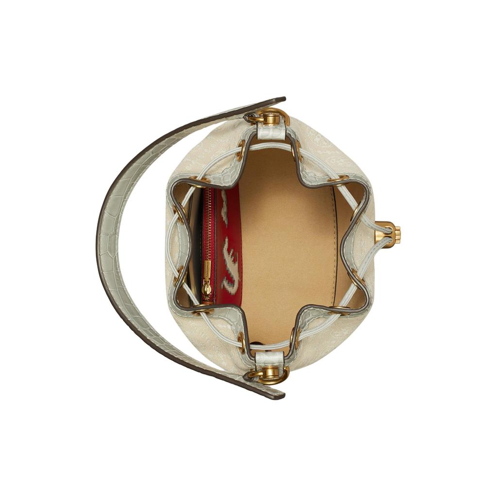 Tory Burch T Monogram Year Of The Dragon Capsule Collection Removable Decorative Pendant Drawstring Closure Fabric And Leather Bucket Bag 159232-020