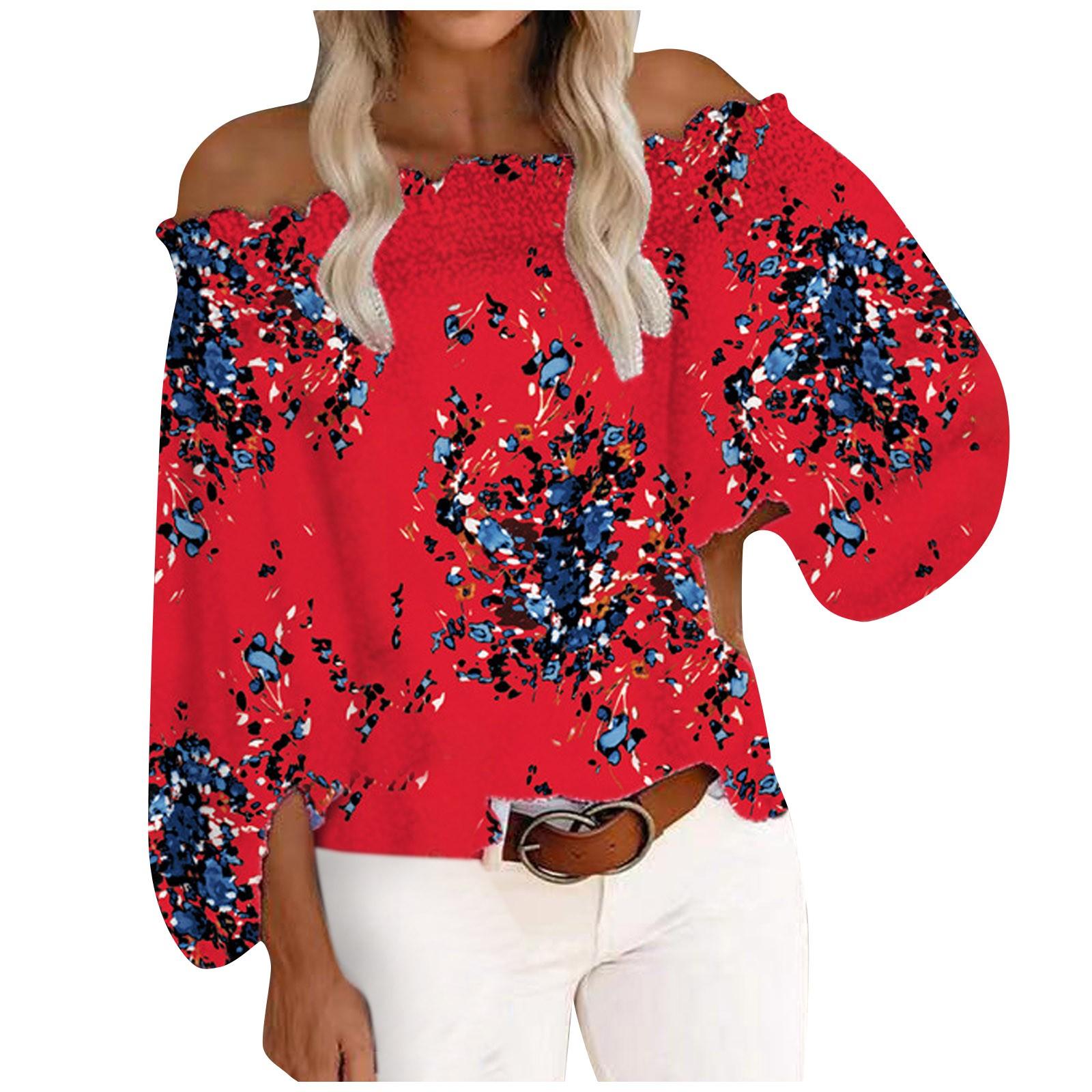 

Women Fashion Sleeve Off Shoulder Tops Dot Strapless Blouses Date Tee Shirts L красный