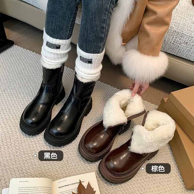 2025 høst og vinter nye tykksålede skinn Martin-støvletter dame varme ekte hår korte støvletter utsøkte sideglidelås lammullsstøvletter