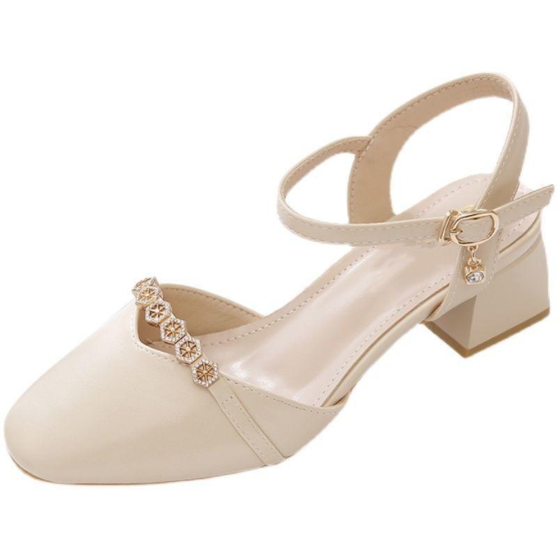 Sandals Women's One-word Button Square Head Thick Heel Middle Heel with Skirt