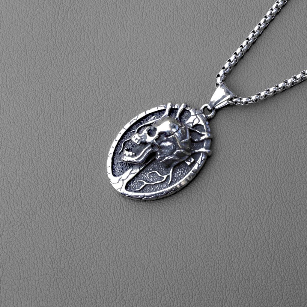 Skull Ellipse Pendant Necklace For Women Men Hip Hop Rock Style Copper Color Stainless Steel Box Chain Punk Skeleton Jewelry