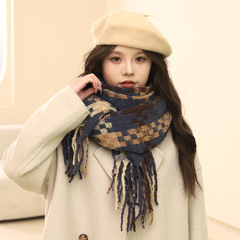2024 New Autumn And Winter Atmosphere Plaid Fringe Warm Scarf For Couples, Thick Long Scarf Gift