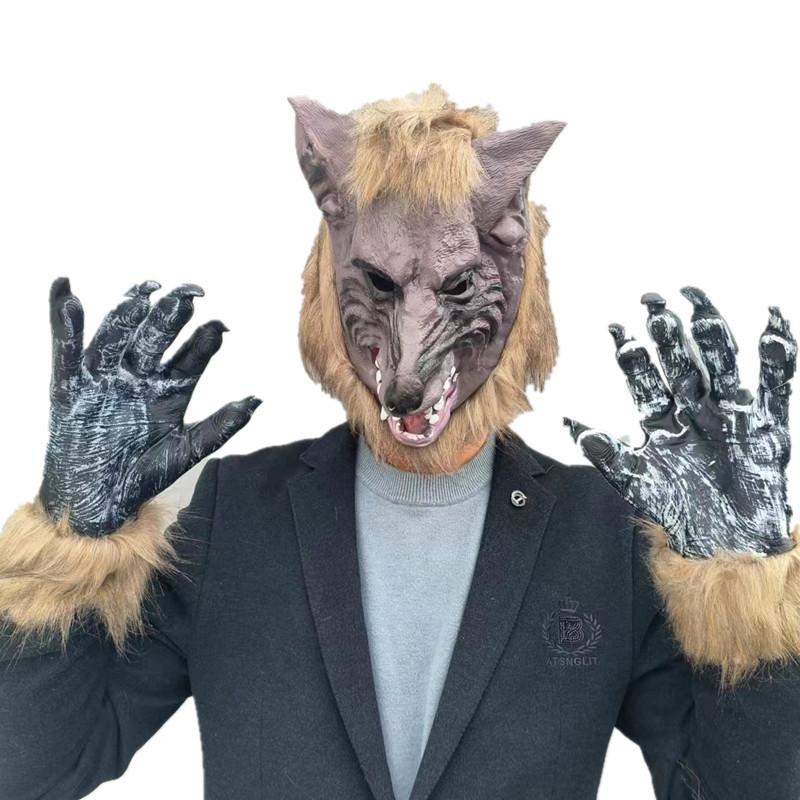 Funny Hooded Werewolf Gloves And Horror Mask Set for Halloween Costume Accessories