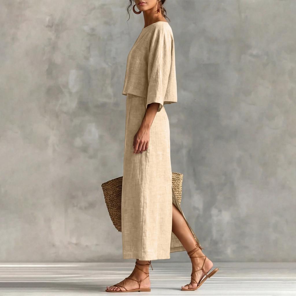 Damen Pullover Top mit lockerem Schnitt, Dreiviertelärm und High-Waist Langrock Set Lässiges Zweiteiler Outfit für den täglichen Gebrauch