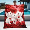 1pc White Kitten Red Roses Hearts Flannel Blanket Romantic Love Theme Soft Cozy Throw For Couples Valentines Day Gift