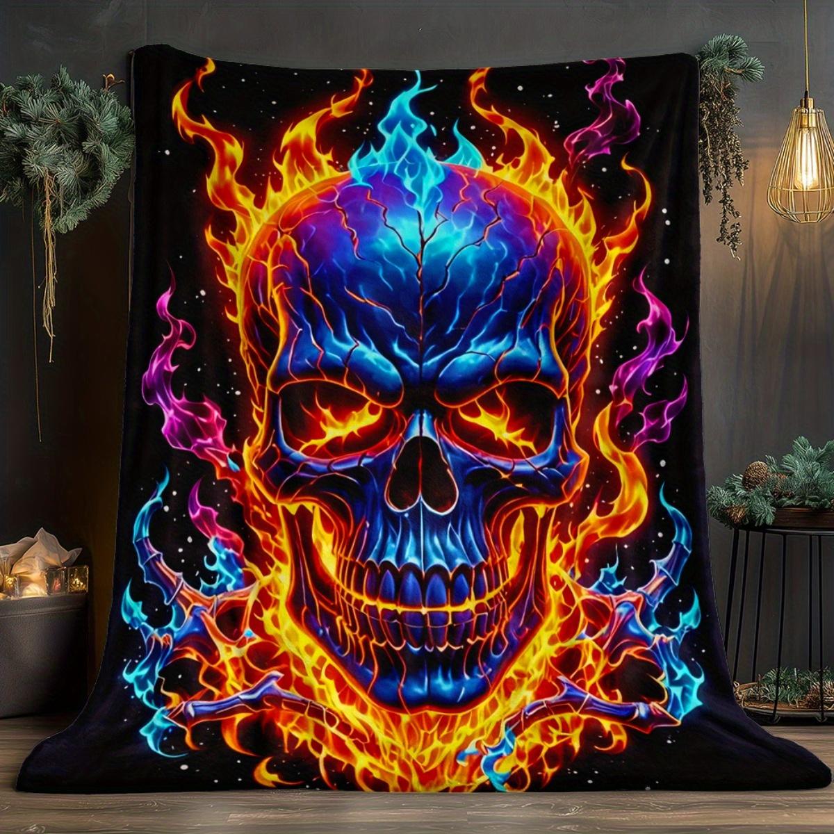 

Fiery Skull Design HD Printed Flannel Blanket - Soft Warm 280GSM All-Season Throw for Travel, Camping, Sofa, Bed - Vibrant Blue 70x100cm