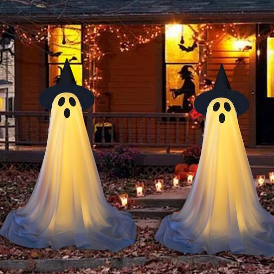 Large Lighted Ghost Halloween Decoration Outdoor Standing Light-up White Ghost with Witch Hat for Home Yard Garden Lawn Porch Decor