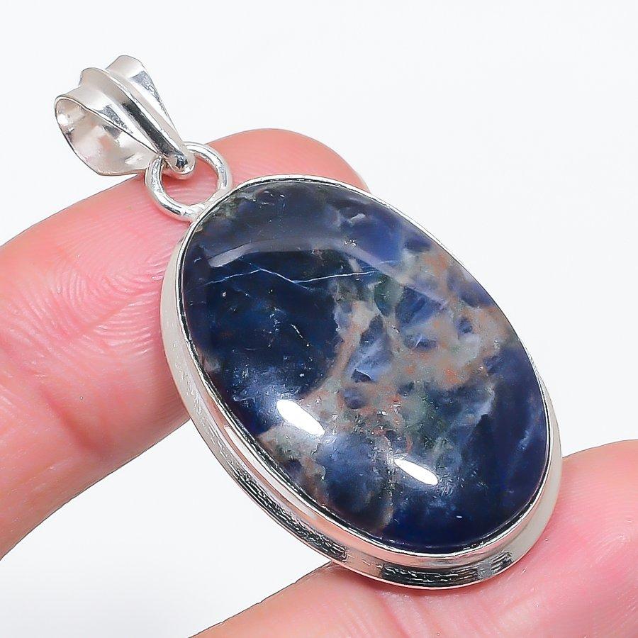 Natural Sodalite Gemstone 925 Sterling Silver Jewelry Pendant 1.93" i1d35