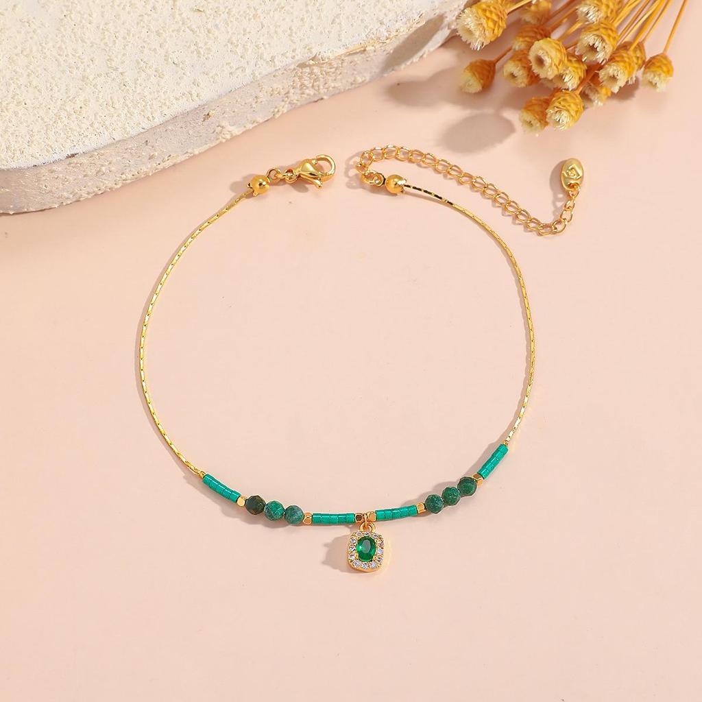 Elegant Titanium Steel Anklet with Natural Stones and 18K Gold Plating - Durable, Colorful, and Fade-Resistant