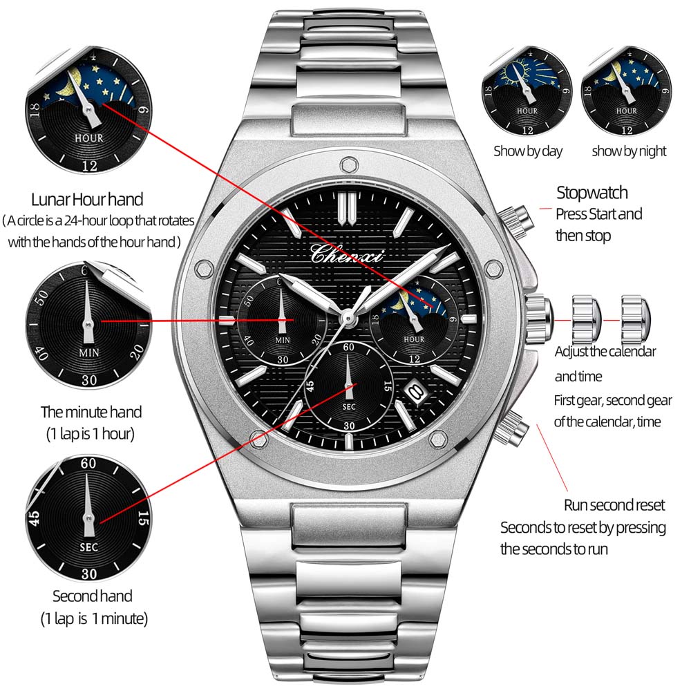 CHENXI Multifunctional Quartz Men's Watch Trendy Men's Wristwatch Luminous Chronograph Water-Resistant Male Clock reloj hombre