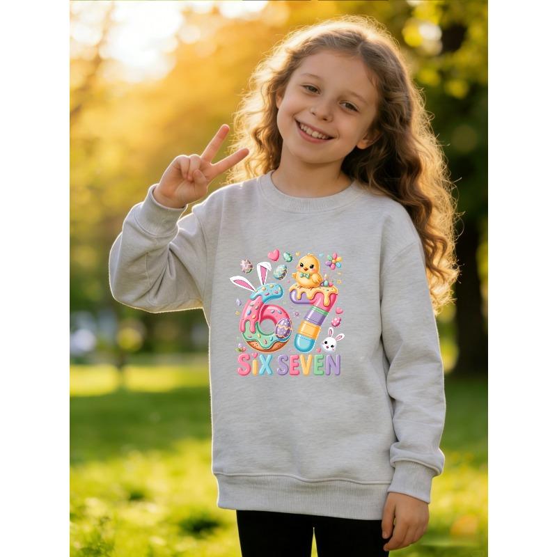 Kids Unisex Crewneck Sweatshirt, Easter Bunny Chick Donut 67 Six Seven Print Long Sleeve Pullover, Casual Sweatshirt for Boys Girls Over 4 Years Old