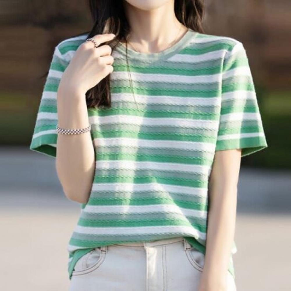 Navava Men Cable Knit Stripe Round Neck Short Sleeve Knit Tee Nk3049