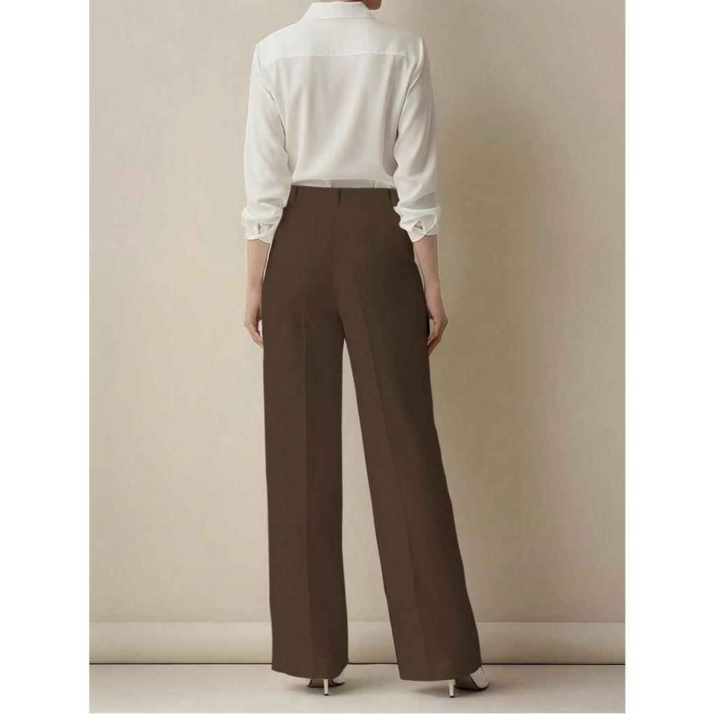 Jednokolorowe spodnie casual, Damskie spodnie z wysokim stanem, plisowane, luźne, Spodnie do pracy