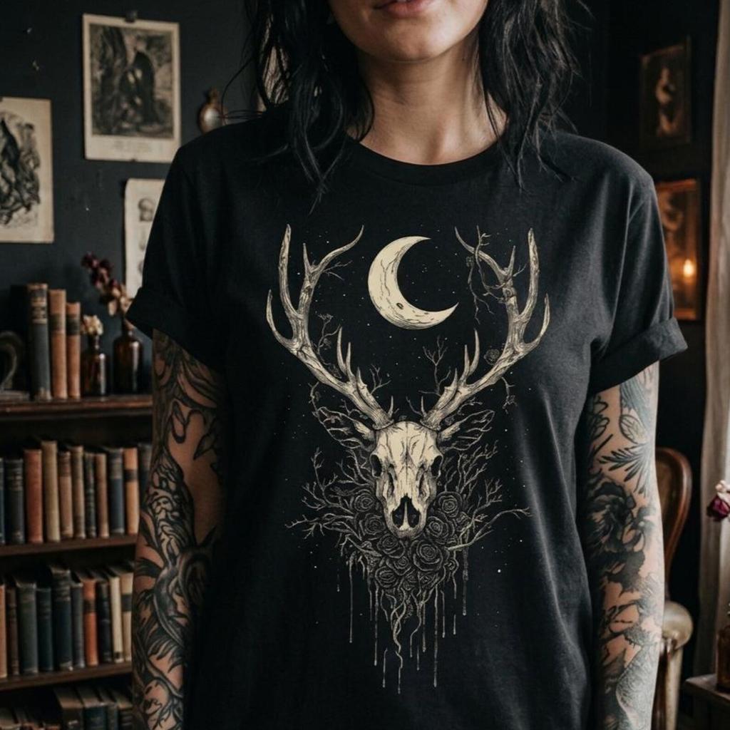 Deer Skull Shirt, Forest Spirit Wicca Graphic Tee, Dark Cottagecore Gothic Rose Alt Clothing