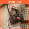 Artistic Small Retro Bear Embroidery Check Pattern Handbag For Casual Outings