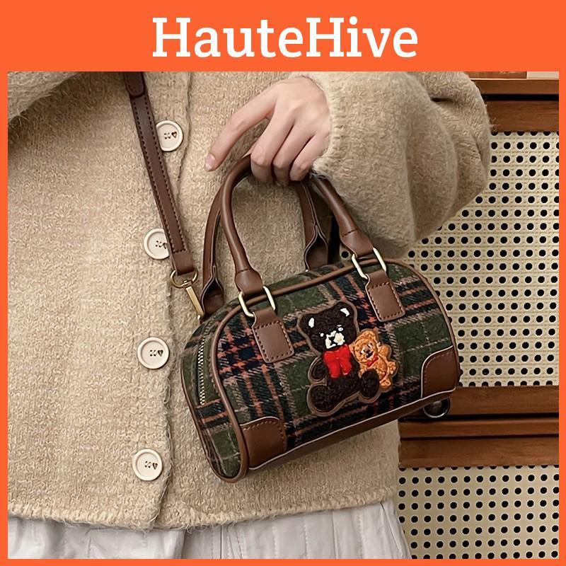 Artistic Small Retro Bear Embroidery Check Pattern Handbag For Casual Outings