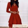 JPNTKY Fashion Summer Spring Solid Color Print Long Sleeve V-Neck  Casual Dresses