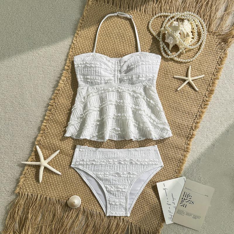 Framont Fashion House Hoge elastische geribbelde speciale gezicht meisjes tankini tweedelig set meisjes zwempak kinderzwempak 7-8Y wit