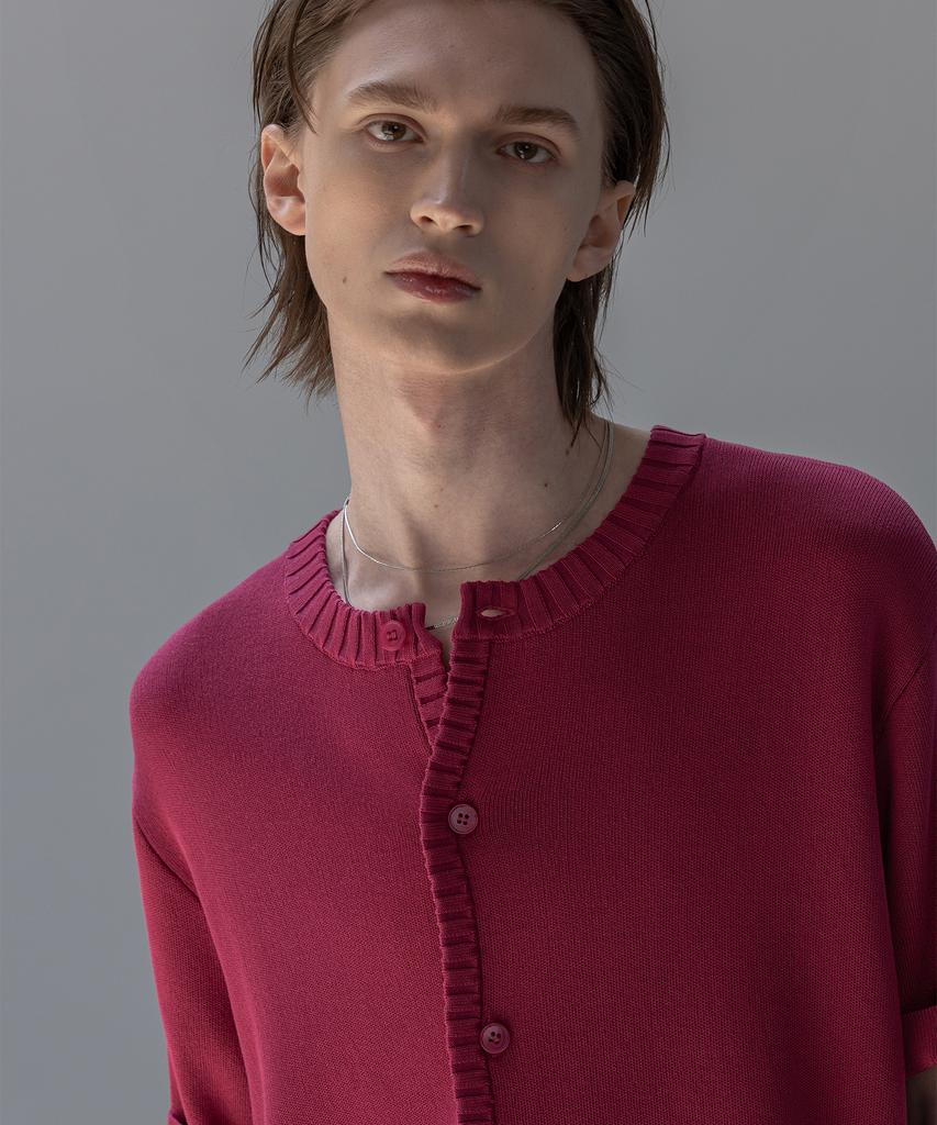 Dekkoloso Panel Rib Short Sleeve Summer Round Cardigan [Deep Pink]
