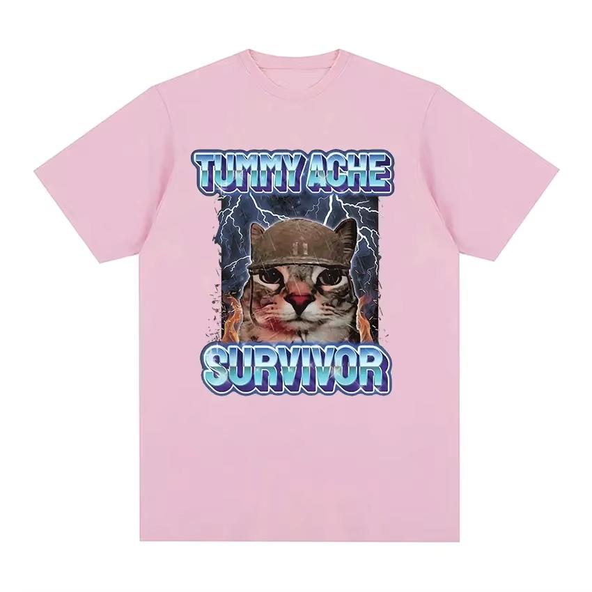 Vintage Tummy Ache Survivor Funny Cat Meme Printed Tee Shirt Women Clothing Fashion Short Sleeve Harajuku Oversized T Shirt