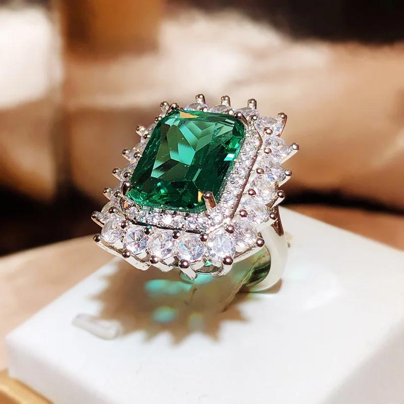 Fashion Jewelry Green Zircon Ring For Women Luxury Square Full Diamond Inlaid Grandmother Green Zircon Ring Party Birthday Gift