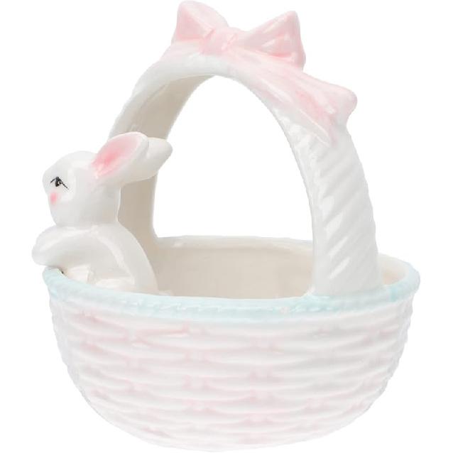 Easter Candy Dish: 1pc Ceramic Bunny Bowl with Handle, Pink Easter Rabbit Home Decor Basket Bunny Candy Bowl, Rabbit Figurine Landscap Ornament for