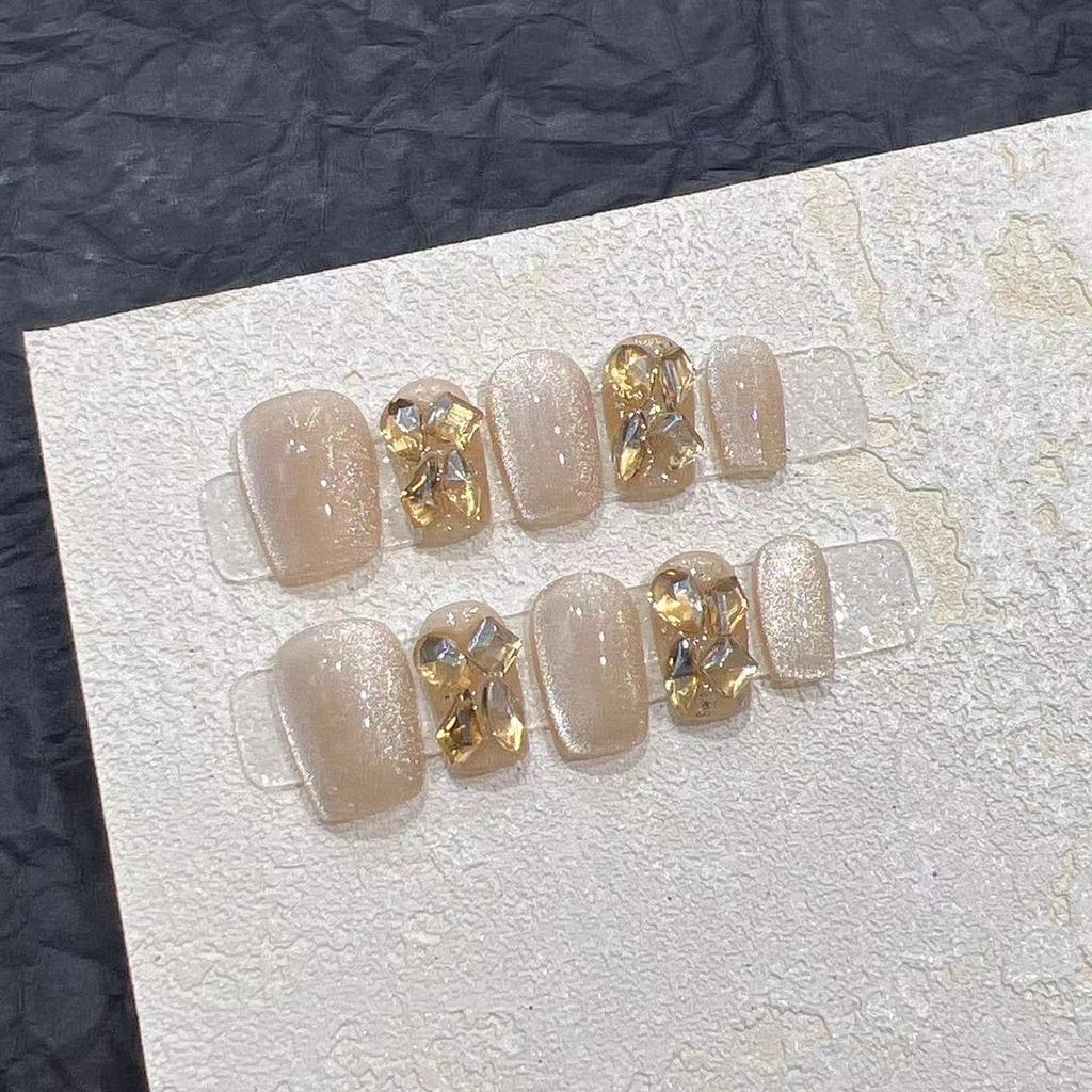 Wearing Armor Handmade Manicure Finished Fake Nail Patch Mocha Light Chase Cat Eye Flash Champagne Diamond Removable