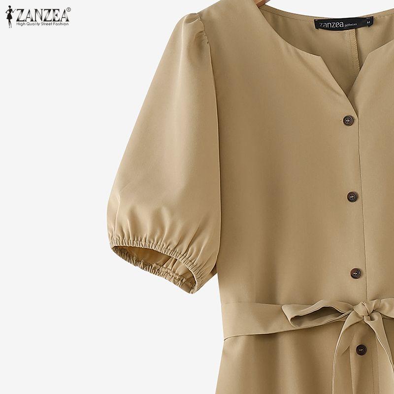 ZANZEA Lässiges, einfarbiges, lockeres Kurzarmkleid mit V-Ausschnitt für Damen