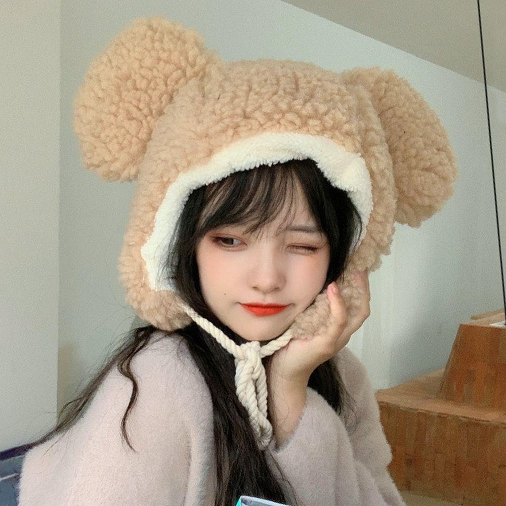 Cute Bear Ears Bomber Hats Cashmere Cycling Cap Fashion Windproof Cap  for Women