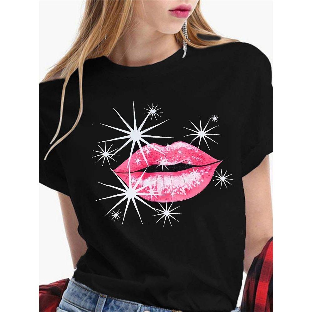 Fashion Sexy Red Lip Women T Shirt Funny Kiss Lips Print Ladies T-shirt Casual Basis O-collar Short Sleeves Female Tops Tees