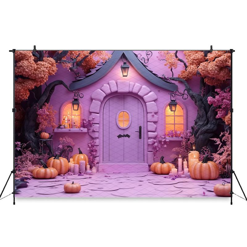 Mocsicka Halloween Photography Background Purple House Autumn Pink Tree Pumpkin Party Decoration Child Photo Backdrops Wallpaper