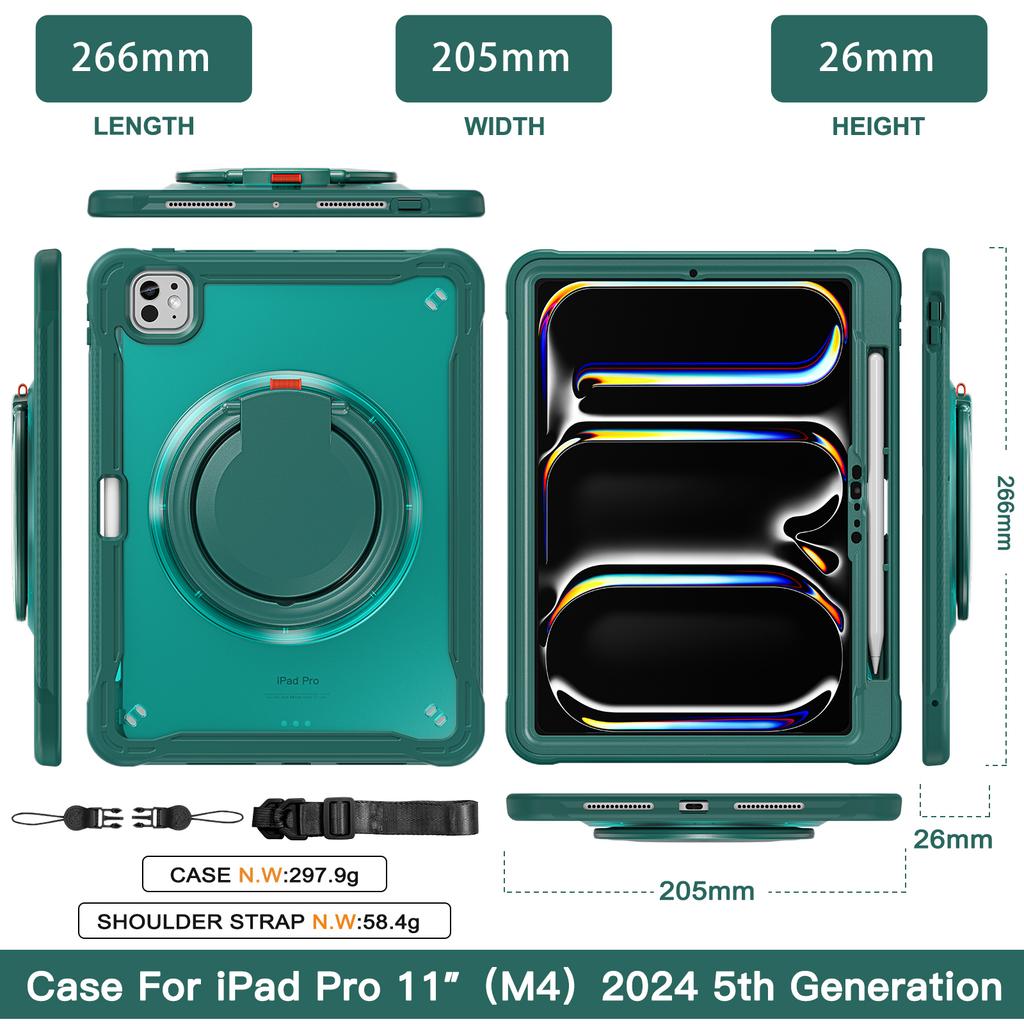 For iPad Pro 11 (2025)/11 (2024) Case Rotary Kickstand PC+TPU+Silicone Cover with Shoulder Strap