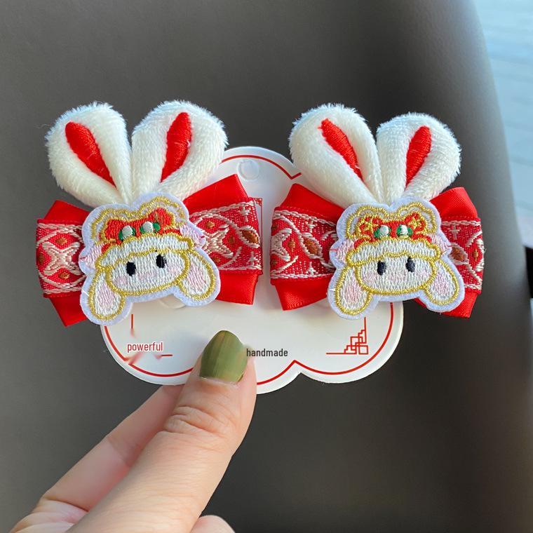 2023 Chinese New Year Embroidered Bow Hair Clip with Rabbit Ears - Red Side Clip for Little Girls