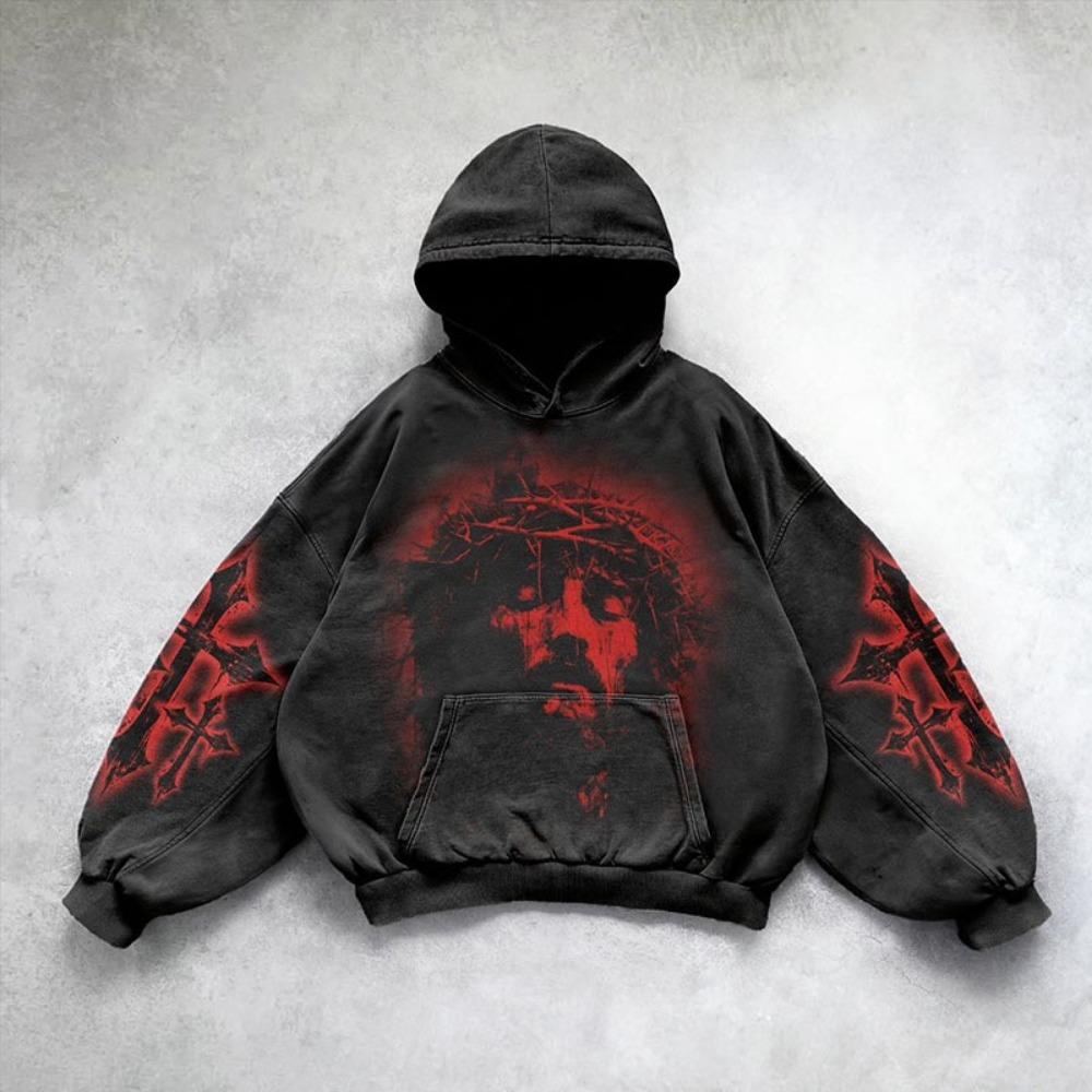 Retro Gothic Graphic Print Hip Hop Hoodie for Men Y2k Grunge Punk Casual Loose Pullover Women Streetwear Sweatshirt Hoodies