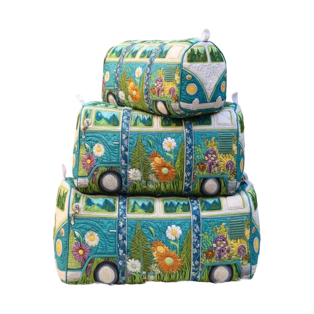 Quilted Multi Functional Storage Bag Set M Size with Floral and Nature Pattern Embroidery for Cosmetics and Accessories Organizer