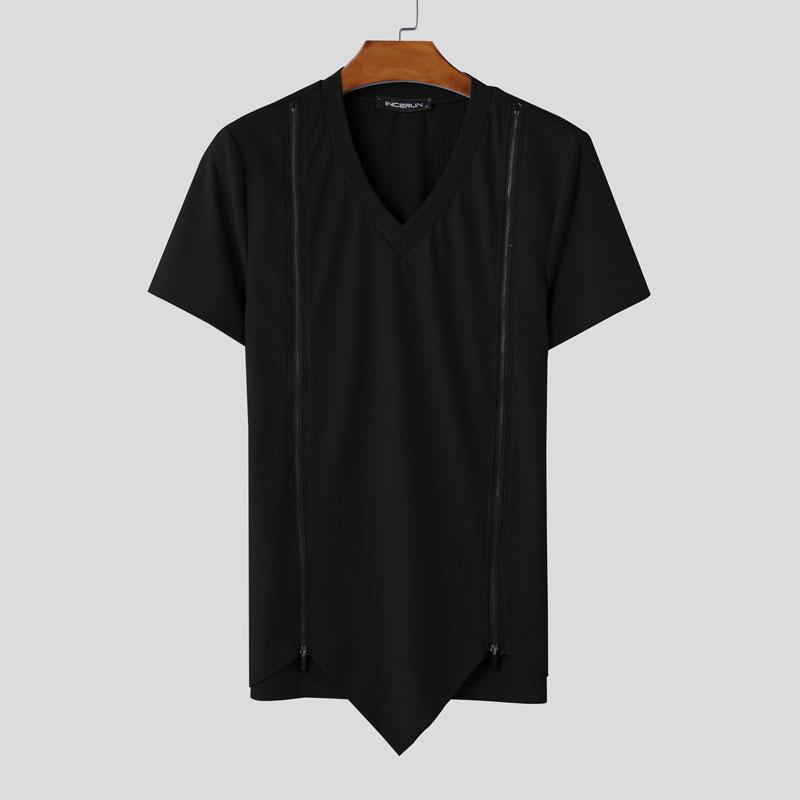 INCERUN Summer Men V Neck Short Sleeve Zip-up Casual Skinny Rib T-shirts Tops