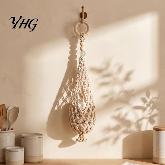 Kitchen Countertop Space Saver Handwoven Cotton Rope Storage Mesh Bag, Wall-Mounted Bohemian Style Organizer, Hand Woven Produce Basket Breathable