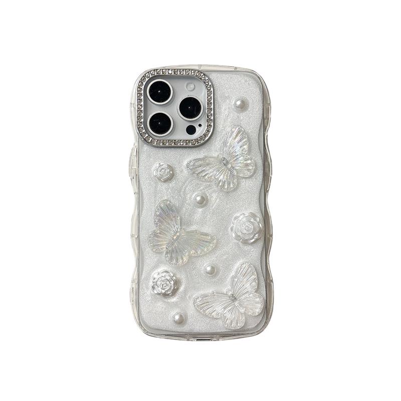 Sparkling Diamond Wave Epoxy Camellia Butterfly Case for iPhone 11, 14, 16 Pro Max, 17