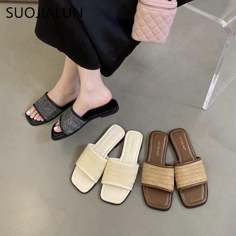 Fashion SUOJIALUN Summer New Brand Women Slipper Fashion Square Toe Open Toe Slip On Slides Soft Flat Heel Ladies Vaction Outdoor Shoes