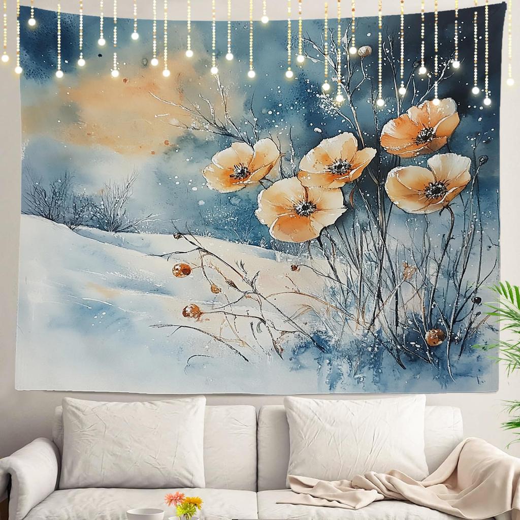White Snow Wall Tapestry, Grey Wall Hanging Large Tapestry Decoration Polyester Fiber White Hem Around for Dorm Room Bedroom