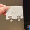 Geometric Zircon Pearl Stud Earrings With Silver Needle Finish For Women