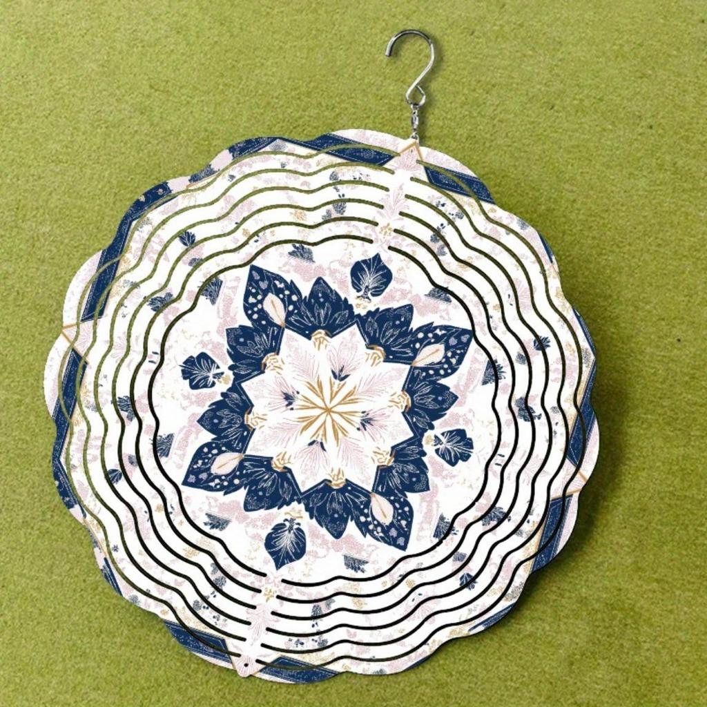 Vintage Blue Floral Wind Spinner 25cm Laser Cut Metal Hanging Decor 360 Rotating Hook for Garden Indoor Outdoor All Seasons Halloween Thanksgiving