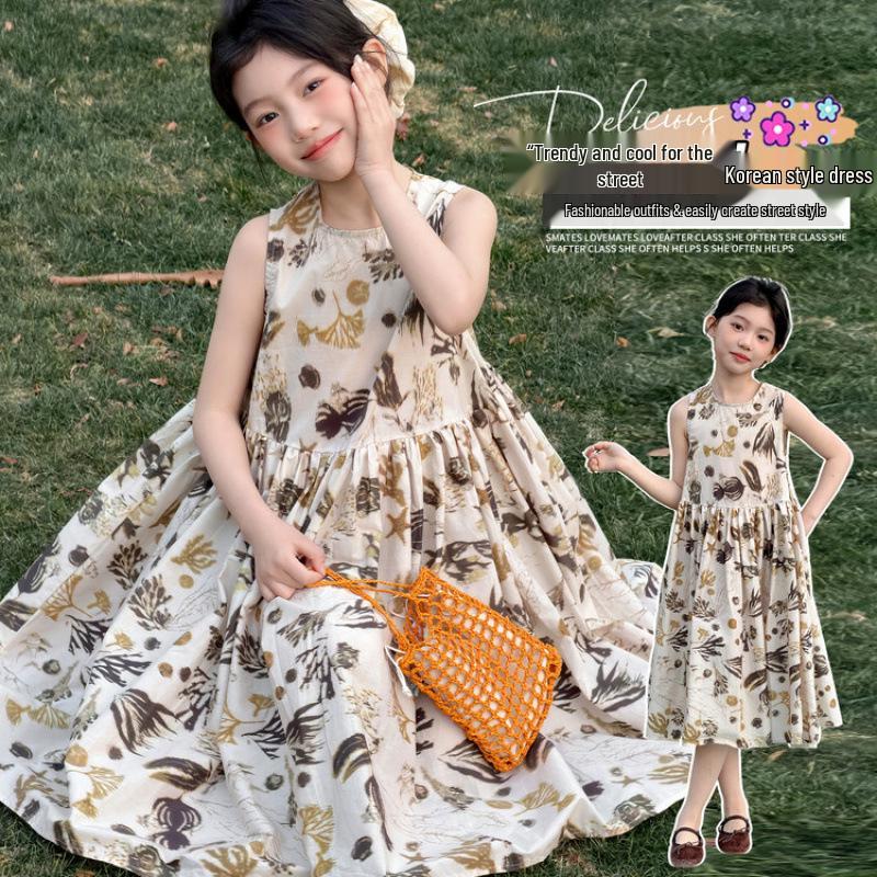 Girls' 2026 Summer Floral Spaghetti Strap Dress - High-End, Stylish Tank Top Dress