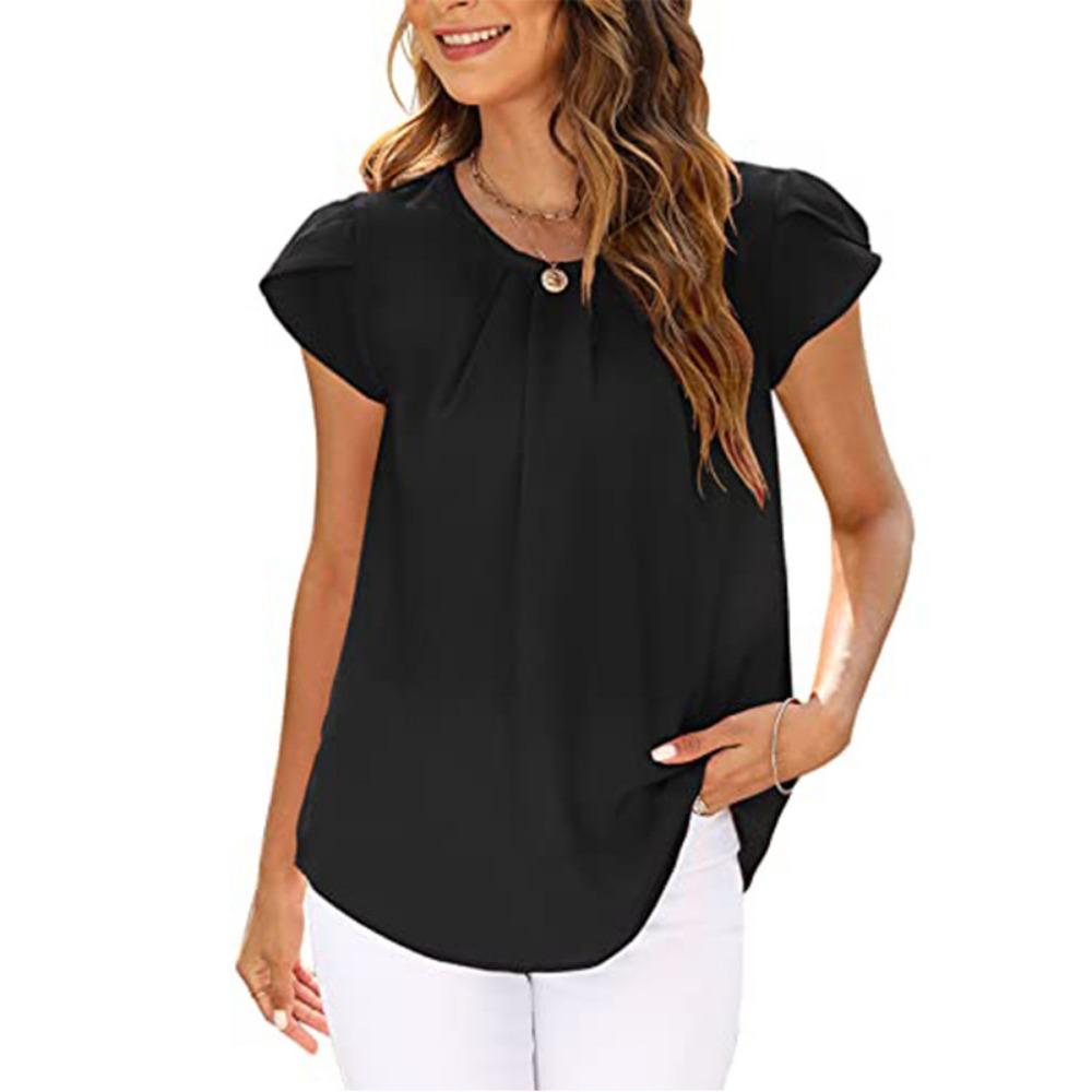 Women's Pleated Round Neck Petal Short Sleeve Loose Chiffon Top
